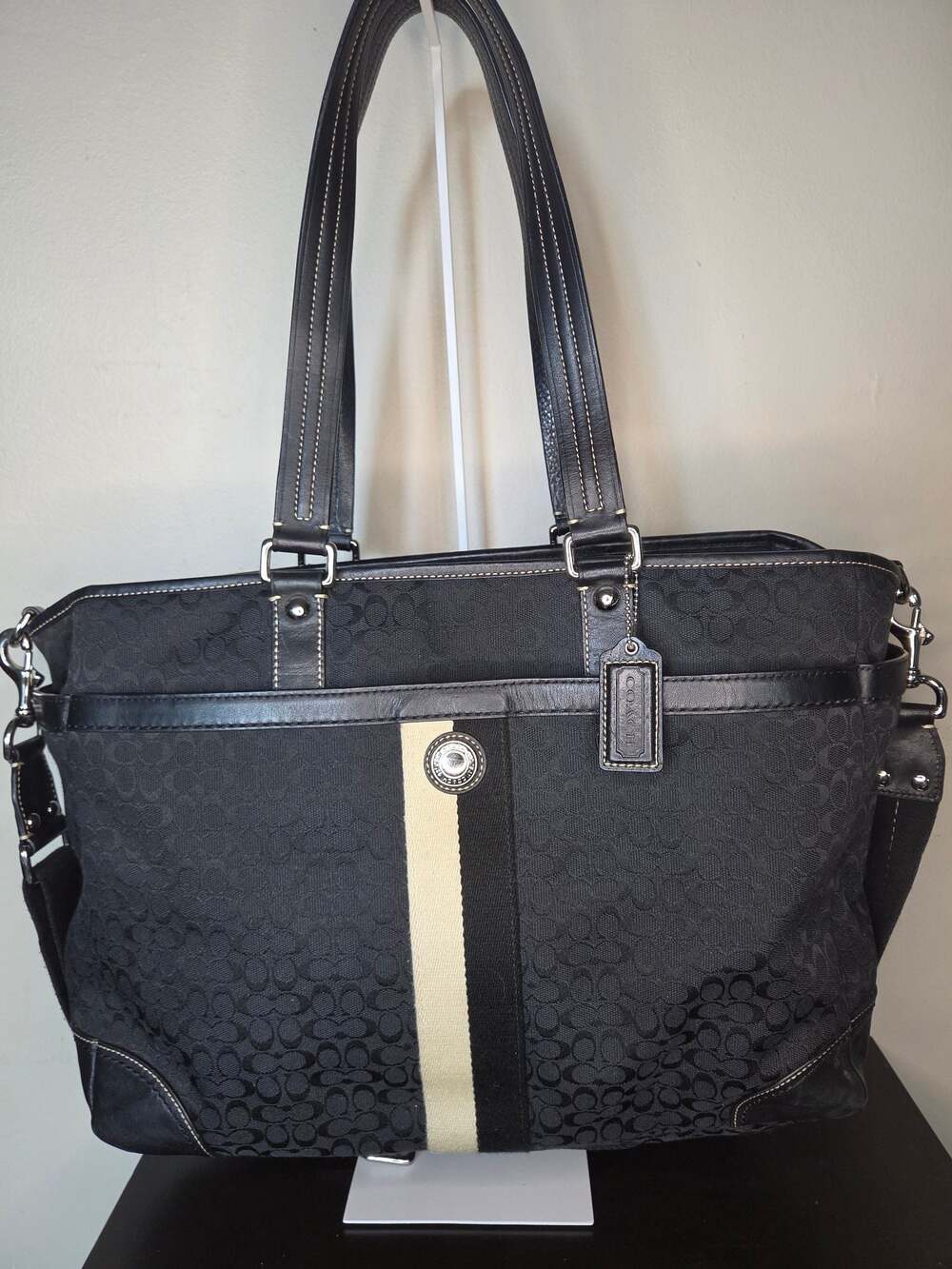 Coach Signature Canvas Tote Bag with Striped Detail